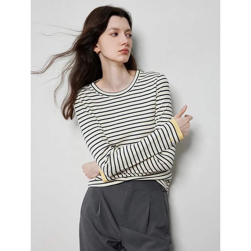 TOYOUTH Women Long Sleeve T-shirt 2024 Autumn New Striped Contrasting Color High Street Base Casual Tee Tops