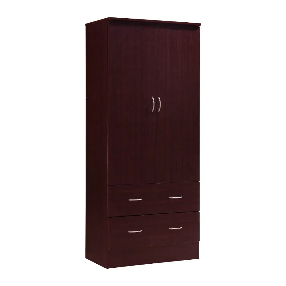 Hodedah Two Door Wardrobe with Two Drawers and Hanging Rod, Brown