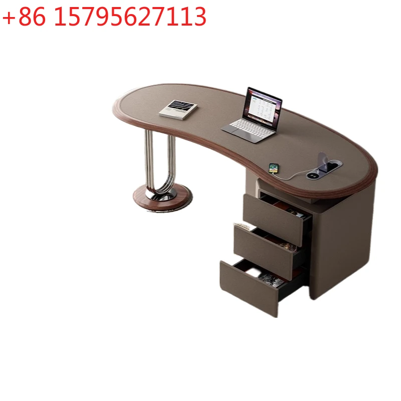 

Saddle leather desk Italian minimalist home office dual-purpose desk with sub-cabinet solid wood computer desk