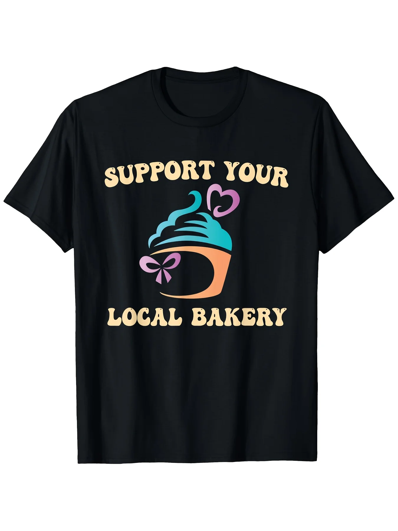 

Support Your Local Bakery Graphic Tee Retro Cupcake Print Shirt for Women Men's Casual Baking Tee Farmers Market Outfit Round