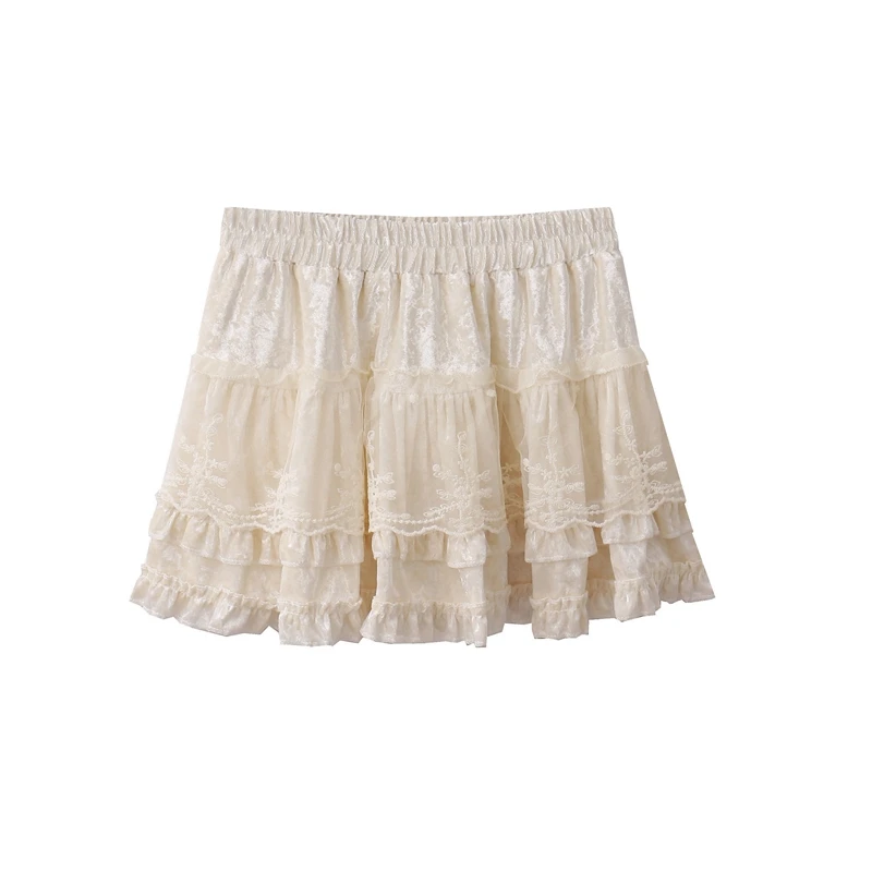 

Винтажная кружевная юбка с вышивкой, женская весенняя лоскутная кружевная юбка с грибком, золотая бархатная короткая полуюбка трапециевидной формы