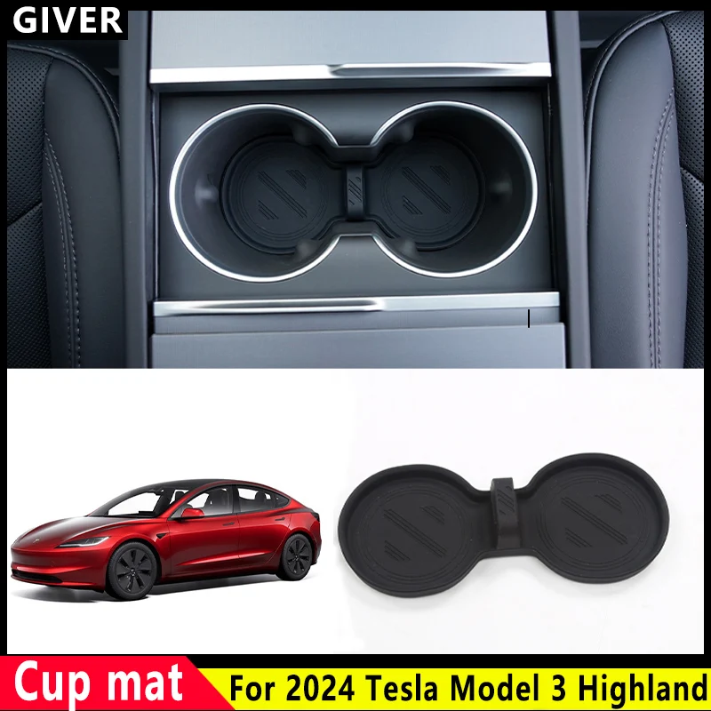 For 2024 Tesla Model 3 highland Mats Coasters Slots Non-Slip Mat Waterproof Water Cup Mat Drink Pad Car Silicone Accessories