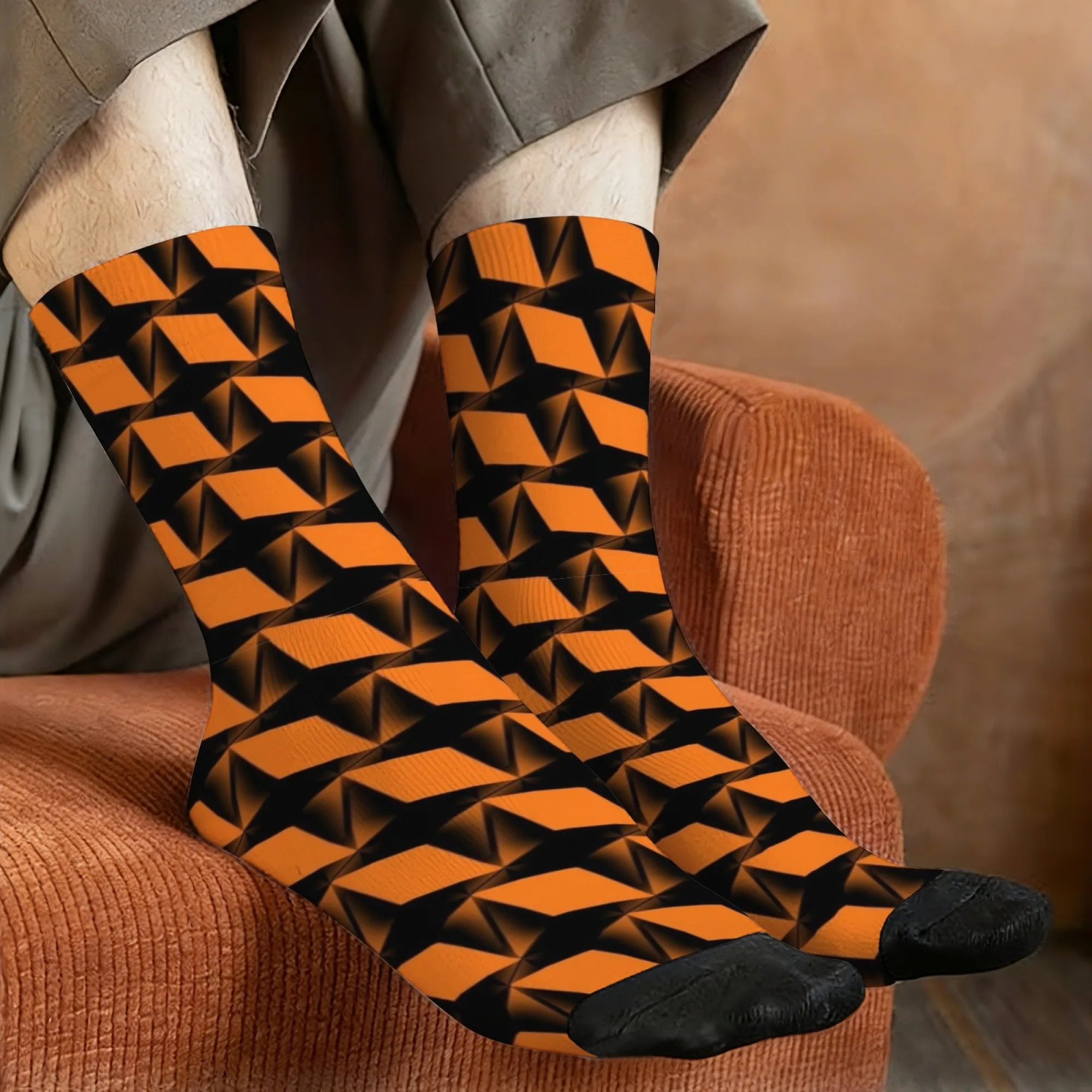 Novel orange and black 3D geometric cyberpunk industrial style men's socks, comfortable, breathable, non-slip casual socks.