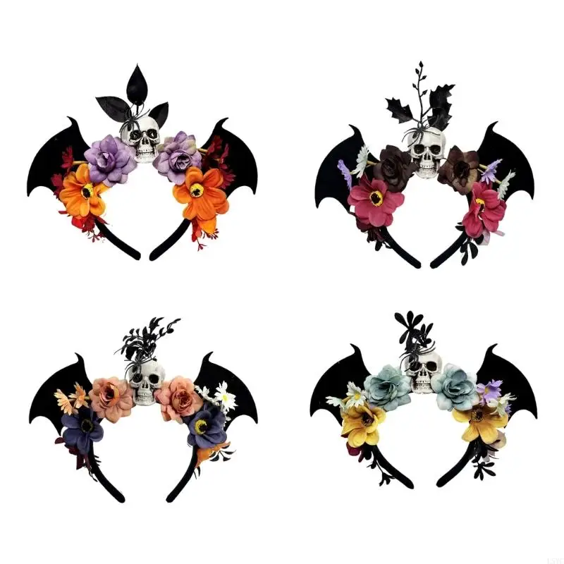 

L5YC Adjustable Black Bat Skull Floral Headpiece Plastic NonWoven Fabric For Halloween Costume Parties Event