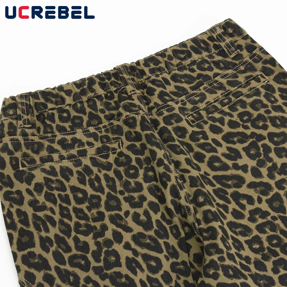 ليوبارد طباعة البضائع السراويل الرجال تقسم متعددة جيب الرجعية شارع العليا فضفاض مستقيم واسعة الساق بنطلون رجل #4