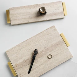 Beige Travertine Stone Tray Marble Reception Tray Vintage Bathroom Vanity Tray Luxury Serving Tray with Golden Metal Handle