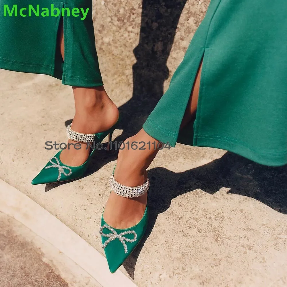 

Green Pearl Btterfly-knot Pumps For Female Women 2024 Thin High Heel Slingback Crystal Luxury Design Pointed Toe Girl's Shoes