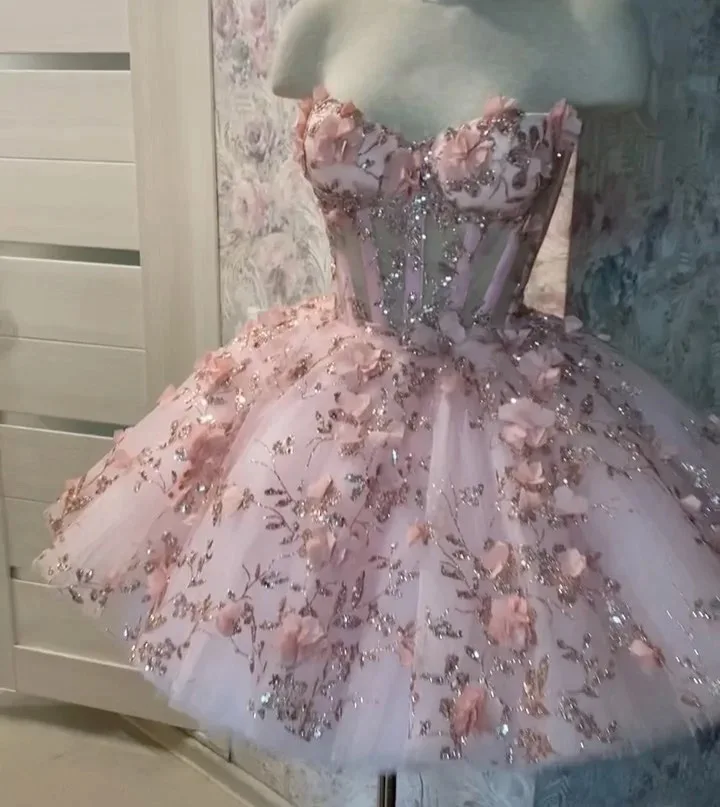 ANGELSBRIDEP Prinses Baljurk Korte Quinceanera Jurken Sweet 15-feest Optocht Kant Kristal Kralen Tule Ronde Hals Corset NIEUW