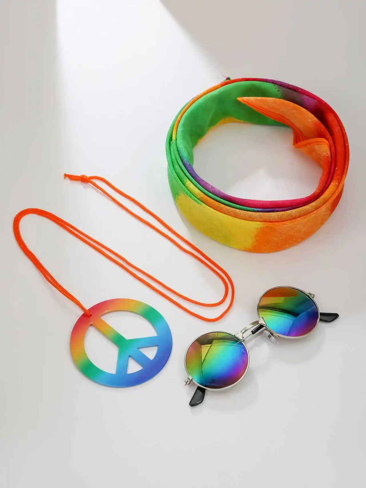 60S 70S Hippie Clothing and Accessory Set, Rainbow Tie-Dye Headband, Round Reflective Sunglasses, Peace Sign Necklace, Unisex Retro Bohemian Halloween Cosplay Party Costume