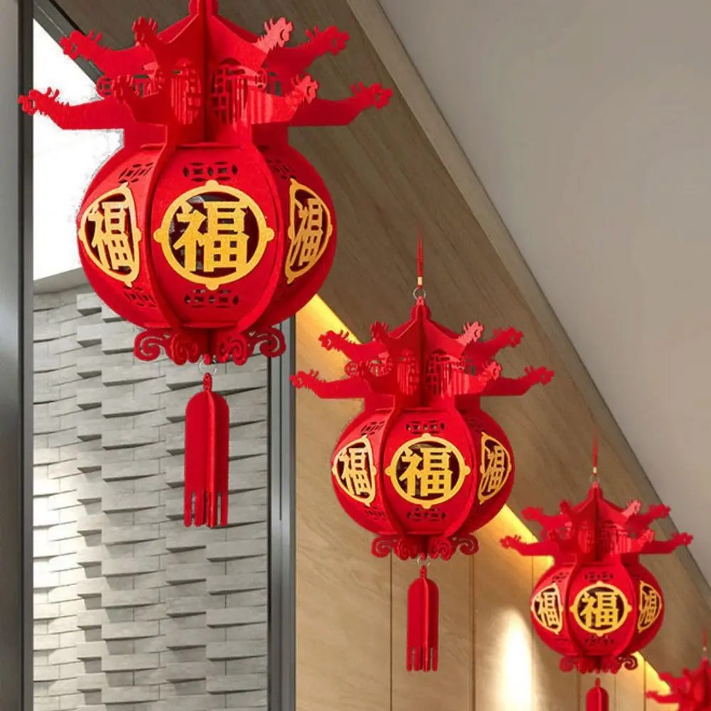 Decorative Flocking Cloth Red Lanterns with Tassel Flocking Fabric Traditional Chinese Red Lantern Reusable Hangable