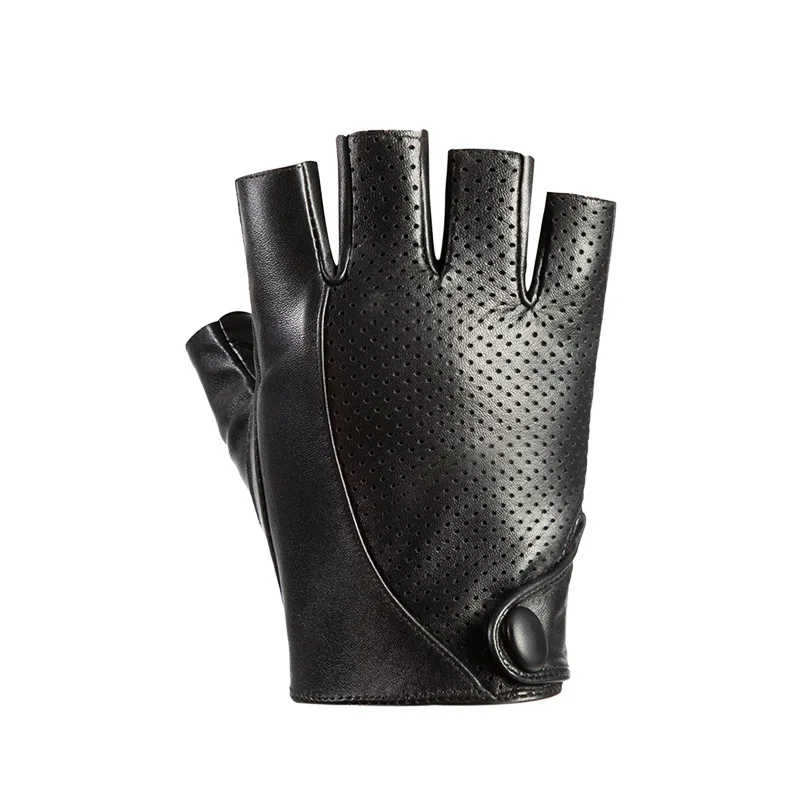 Men's Real Leather Semi-Finger Gloves Thin Driving Fashion Black Half Finger Sheepskin Touchscreen Compatible YSM0012