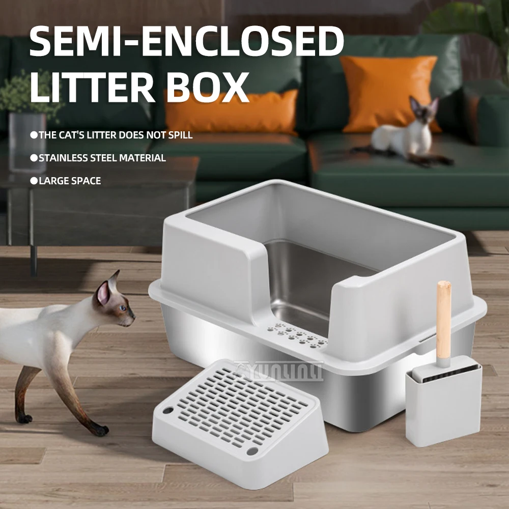 Stainless Steel Cat Litter Box Thickened, Durable, Non Stick Bottom Easy to Clean, Large Space Leak Proof, Semi Enclosed