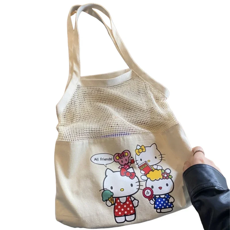 Hello Kitty Girl Canvas Bag Knitting Hollow Vacation Package Cartoon Fashion Cute Kawaii Large Capacity Bag Daily Commuting Bag