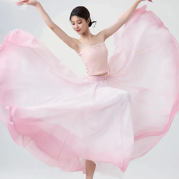 Elegante rosa saia de balé feminino chiffon flowy longo dancewear 720 graus traje de dança clássica desempenho prática saia