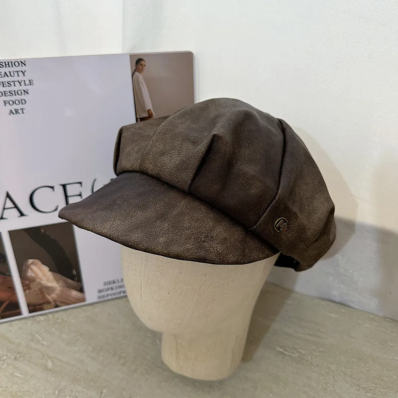 Japanische Retro-Kappe aus strukturiertem PU-Leder im Used-Look, achteckig, für Damen, Herbst und Winter, im britischen Stil, große Malerkappe – Detail 5