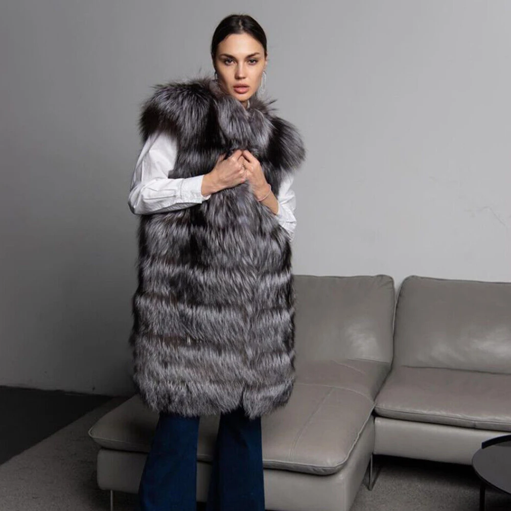 Luxury Women Natural Real Silver Fox Fur Vest Winter Mid-Length Genuine Fox Fur Warm Gilet Female Fashion Real Fur Waistcoats