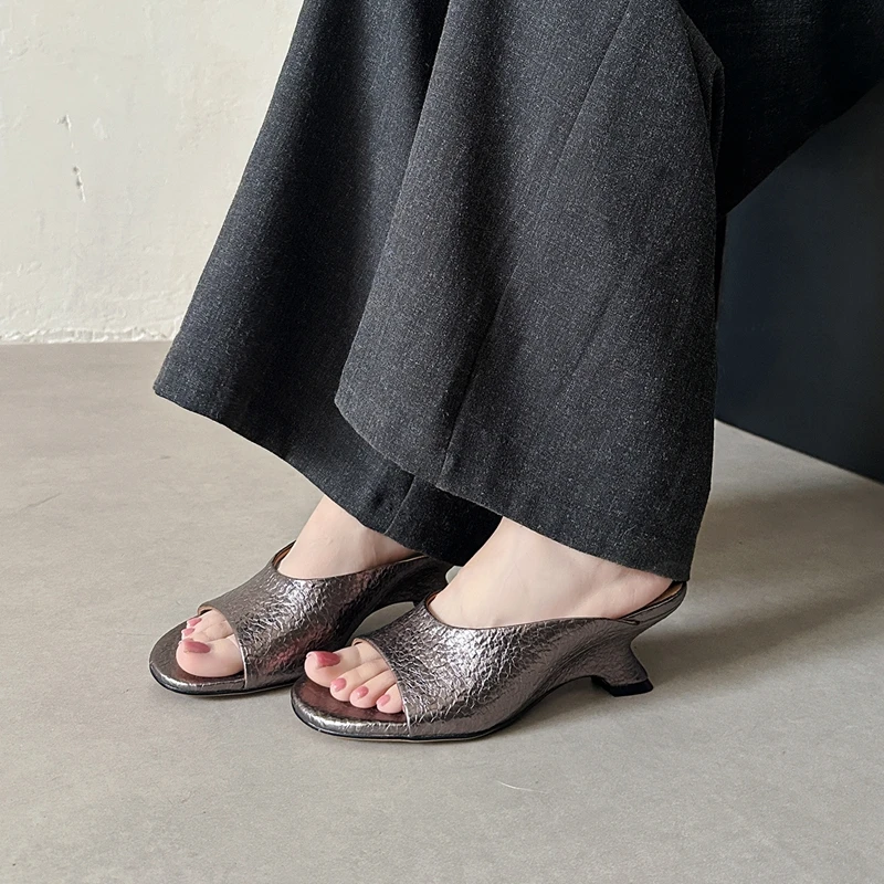 

Women's new summer genuine leather sheepskin round head exposed toe breathable high heels fish mouth fashion slippers
