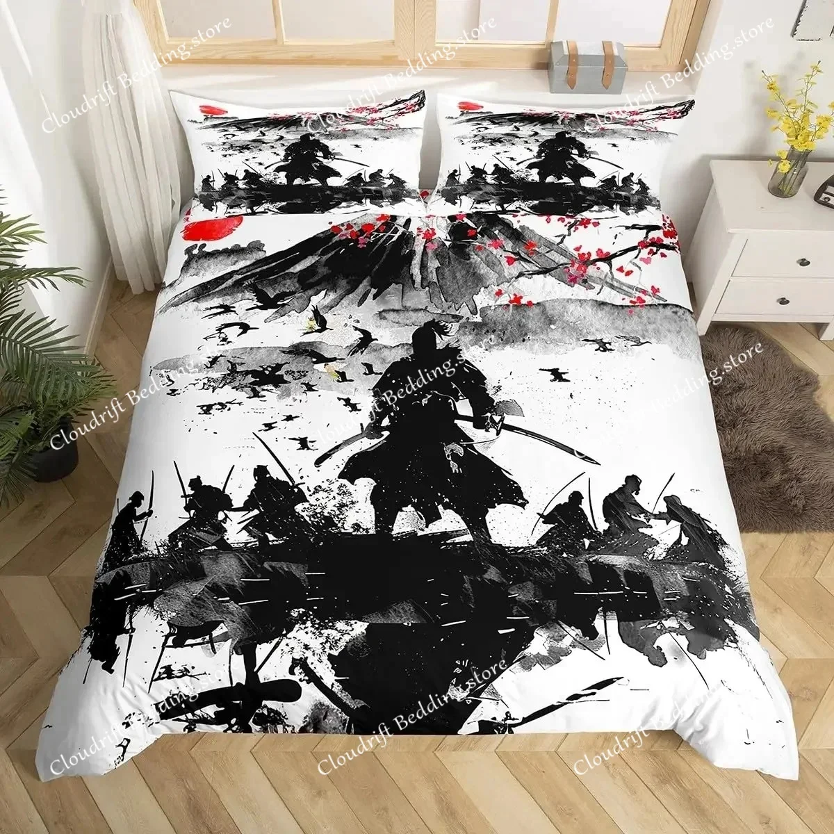 Fashion Japanese Samurai Bedding Set Full Size Cherry Blossoms Duvet Cover Red Sun Hokusai Comforter Fuji Mountain Quilt Cover