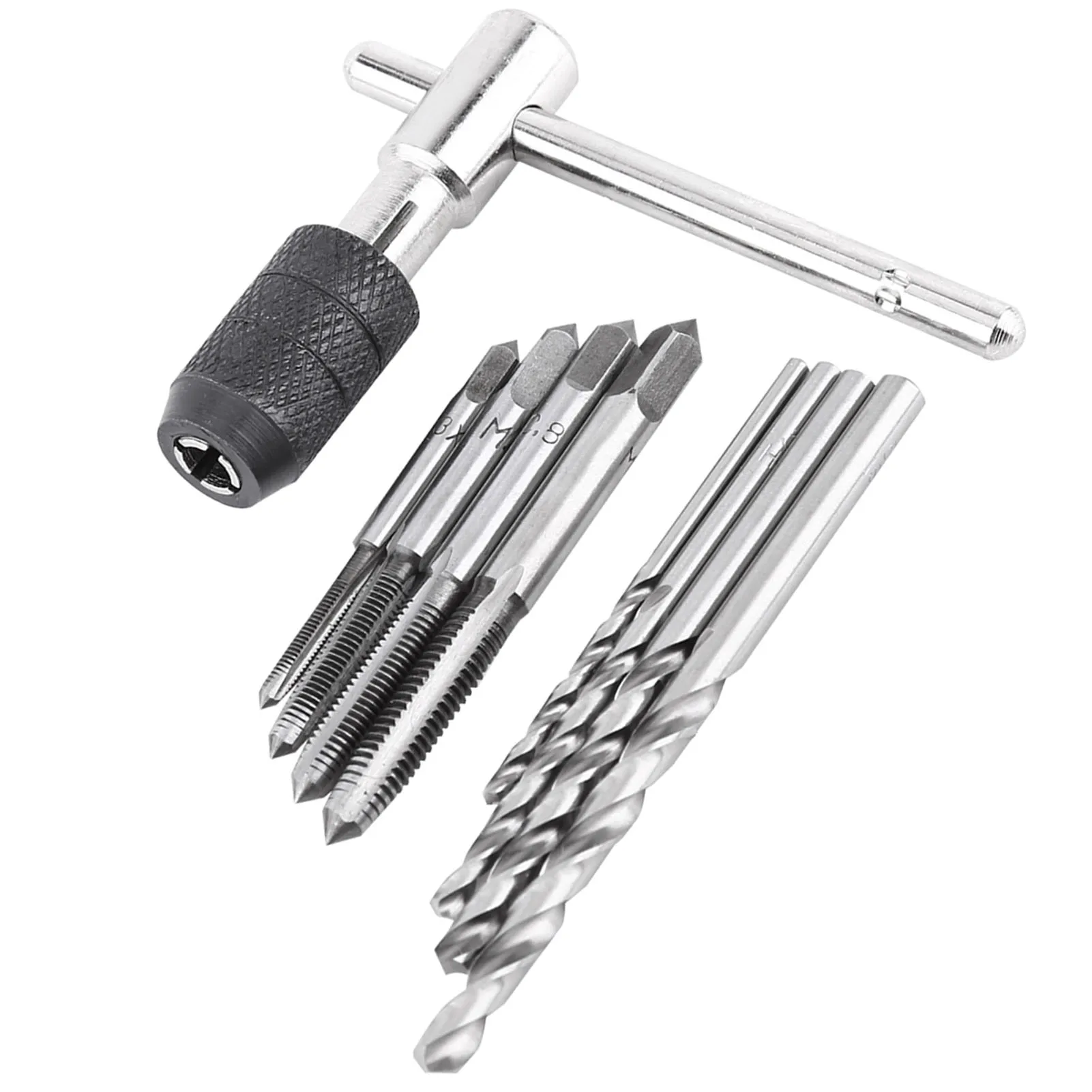 

9Pcs Tap Wrench Set Screw Taps&amp Tshaped Wrench &amp Twist Drill Bits Threading Tapping Hand Tool Kit Tapping Tool