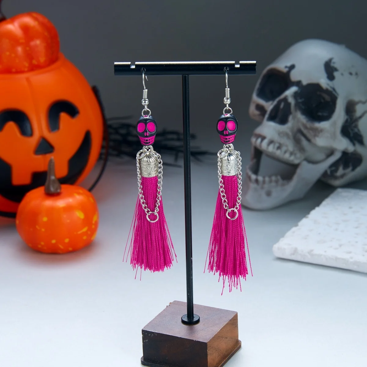 Halloween-Ohrringe mit bunten Quasten und Totenkopf-Anhänger für Damen, Punk-Street-Vintage-Cosplay-Ohrringe mit Skelett-Motiv, Schmuck – Detail 28