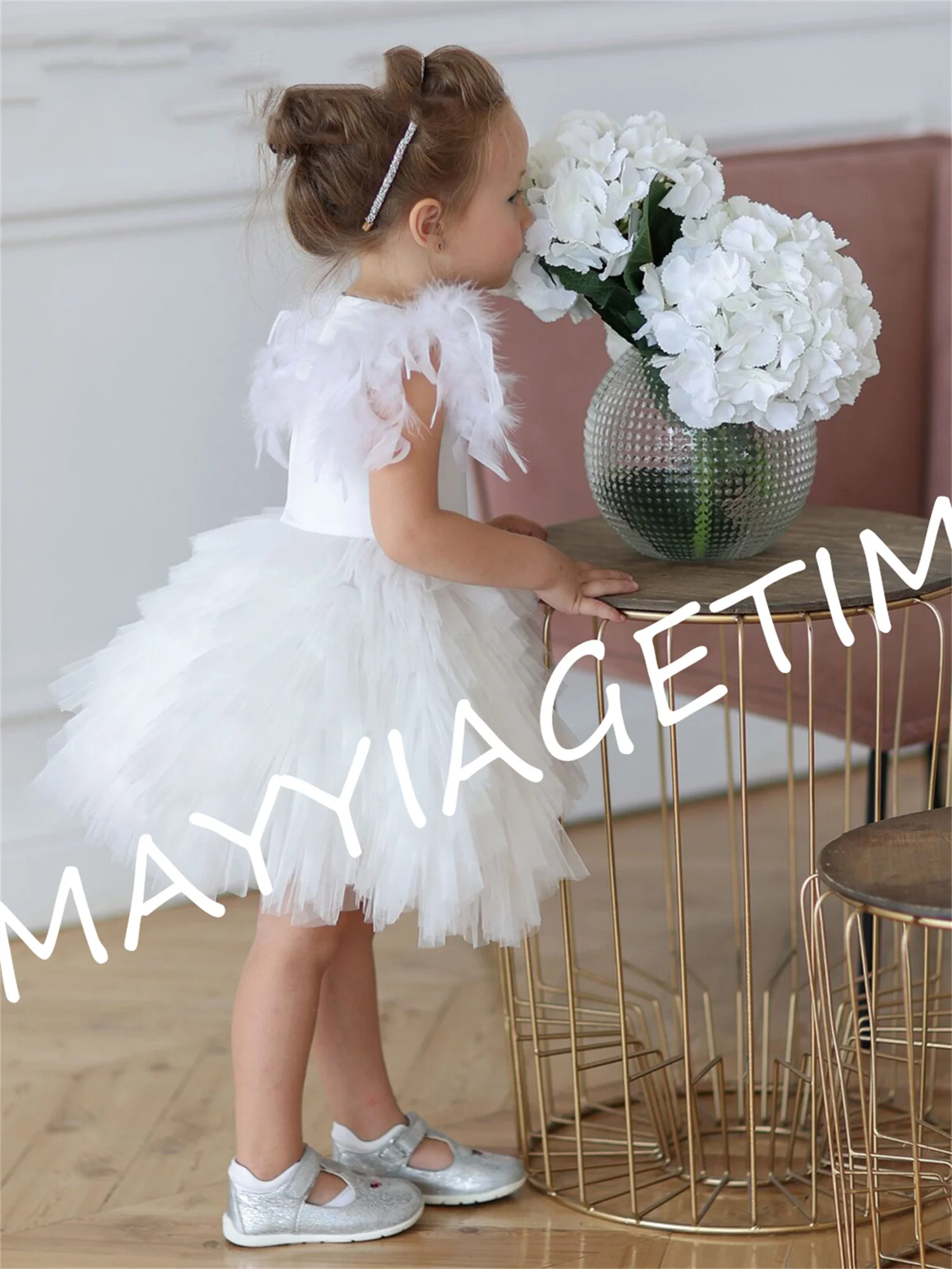 

White Flower Girl Dress Layers Girl Dress Feather Wedding Party Dress Kid's Birthday Dress First Communion Dress