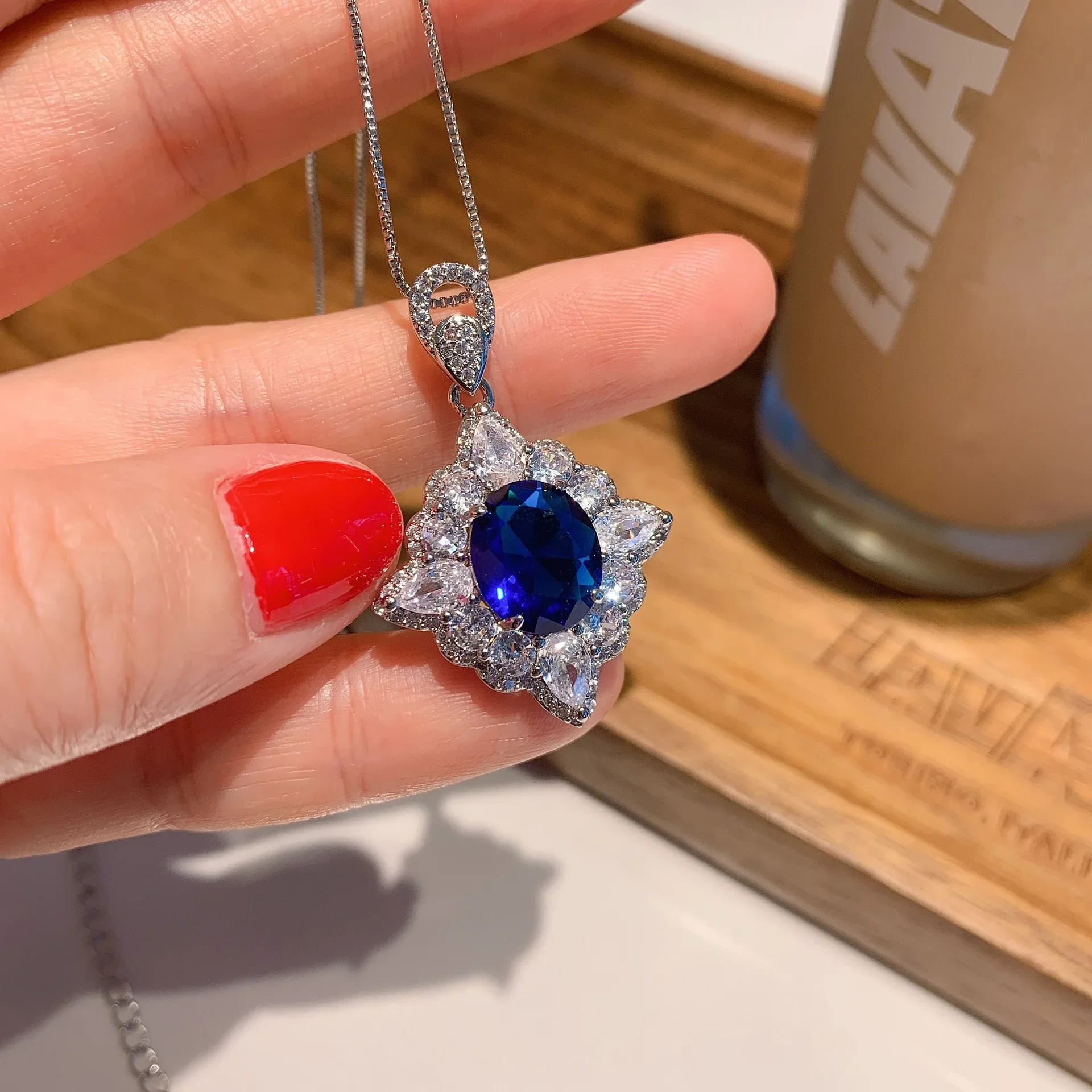 NewJewelry in Europe and America Popular Simulation Blue Treasure Pendant Necklace Ring Set Main Stone Hanger  Ring 8 * 10