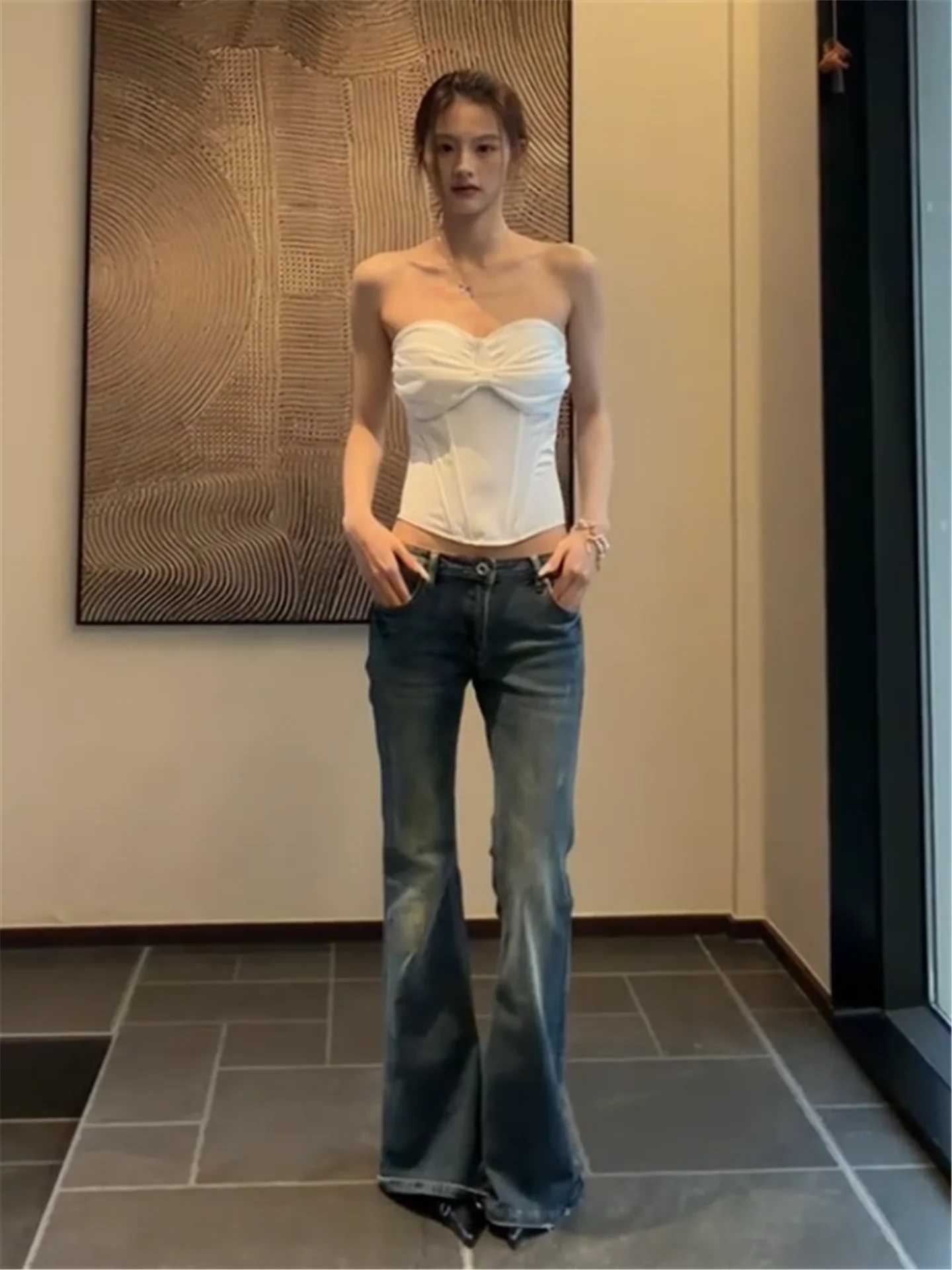 

Американские ретро-джинсы с низкой талией и расклешенными штанинами для женщин, весенние, облегающие, длинные, в пол, повседневные, из хлопка