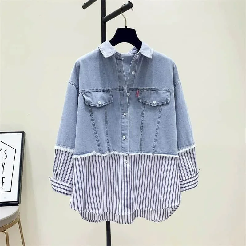 

Shirts Women Polo-neck Korean Style Oversized Blouse Denim Patchwork Fake Two Pieces Long Sleeve Blouse Casual Loose Women Tops