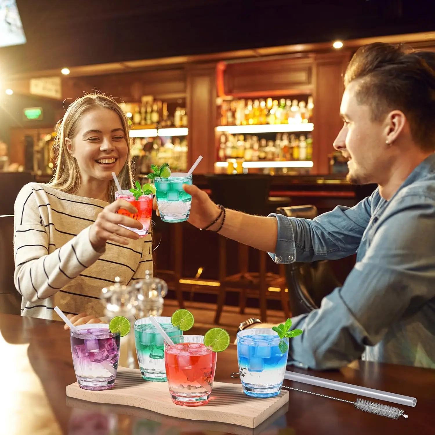 6 copos plásticos dos pces para beber de 14 oz, copos acrílicos com canudo & escova de pp, bpa-livre, copos de água empilháveis, cu claro