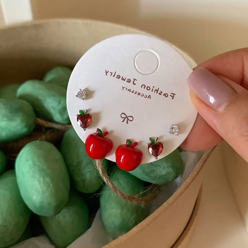 مينار لطيف جميل 3 زوج/مجموعة المينا الحمراء تشيكوسلوفاكيا مكعب زركونيا القلب التفاح محاكاة الفاكهة وأقراط للنساء مجوهرات عادية #3