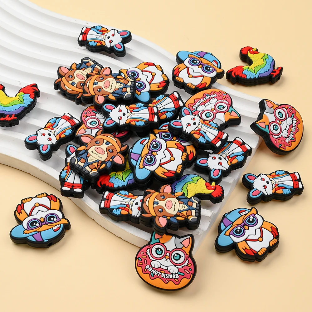 

5 шт., силиконовые бусины в форме животных, корова, курица, кролика, кошки, совы, для DIY цепочки для соски и детского молярного ожерелья, изготовление ювелирных изделий