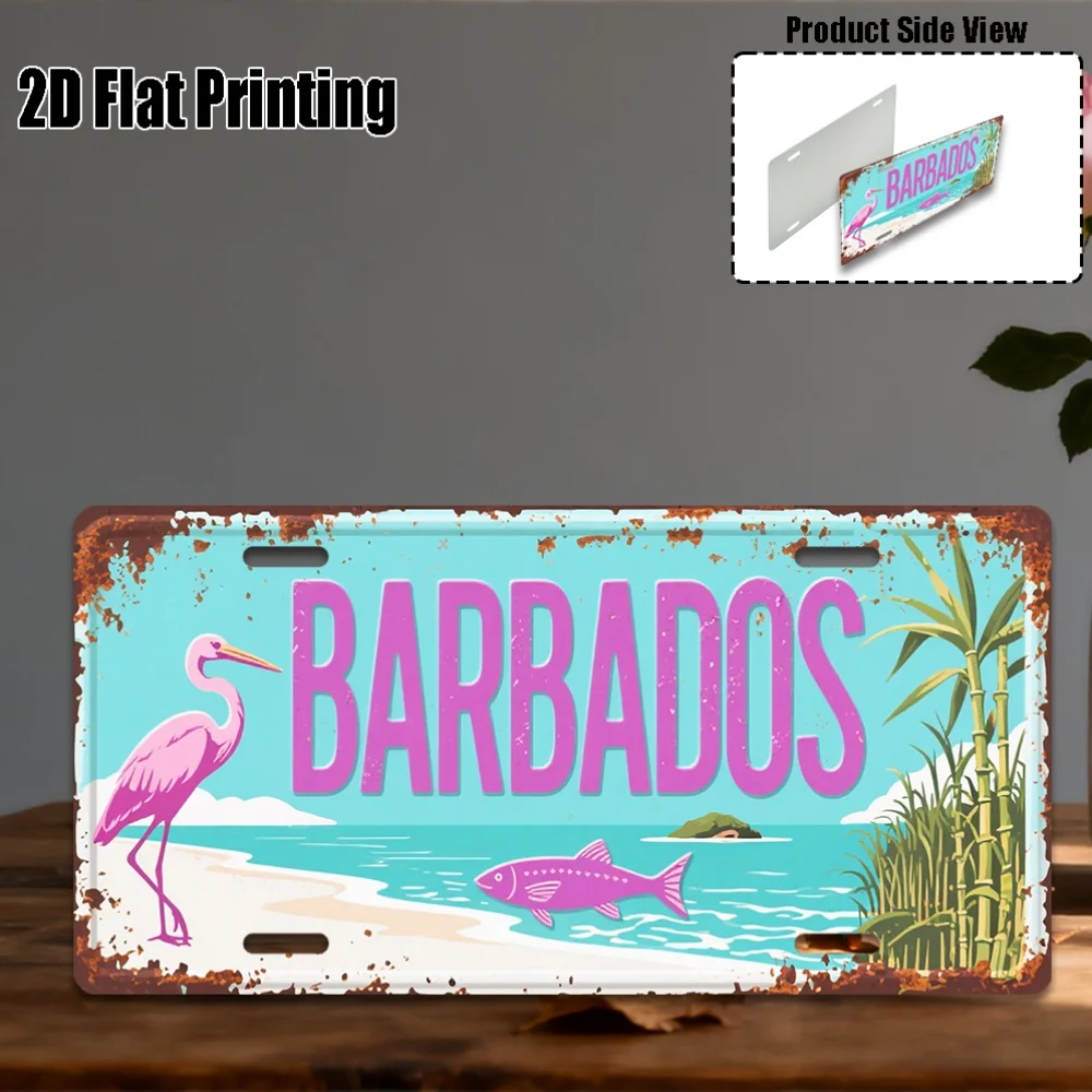 Decorative Use Only, 1pc 2D Flat Specifically for Men's and Women's License Plate Covers and Frames 2D Flat Vintage Barbados
