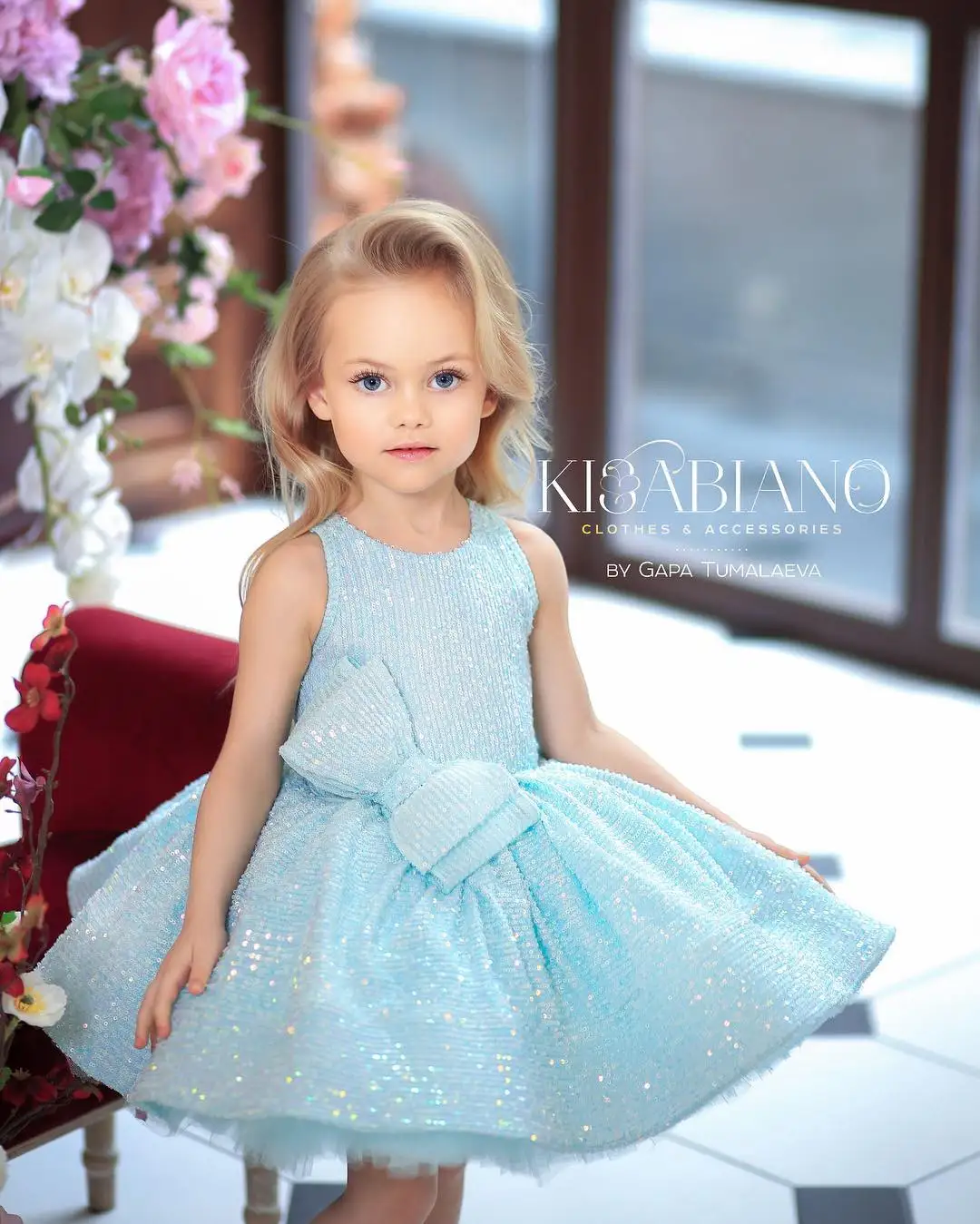 

Blue Sequin Wedding Flower Girl Dress Kids Party Dress with Big Bow