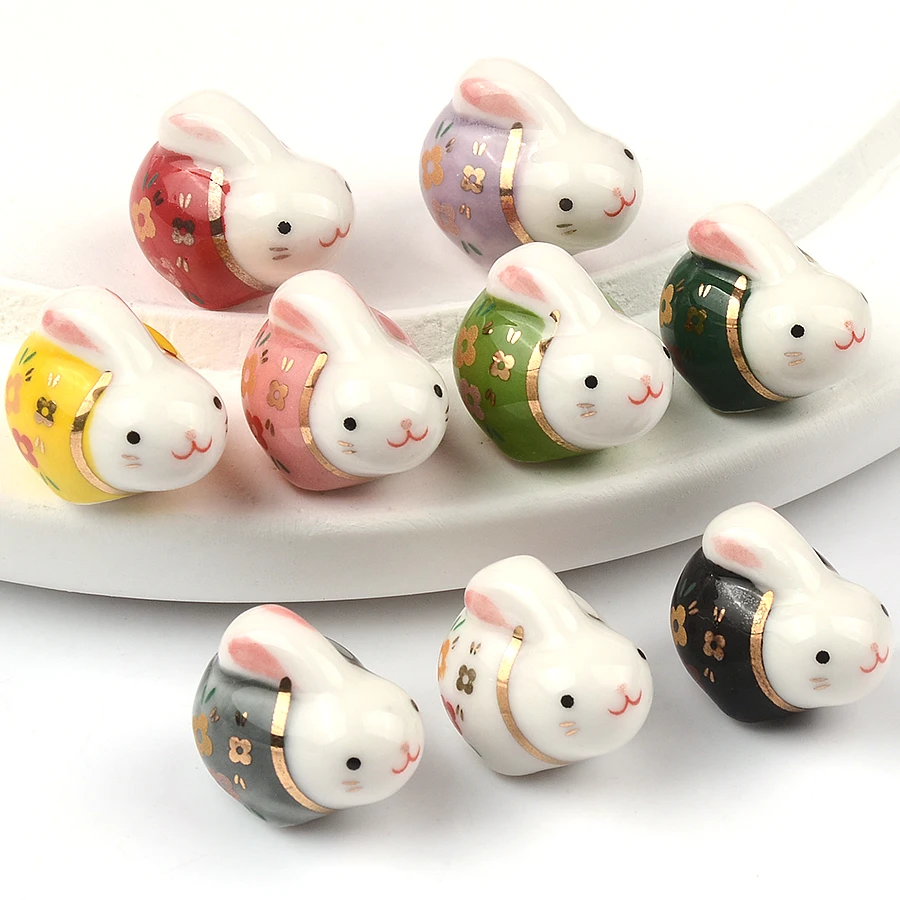 20x14mm Lovely Rabbit Pottery Beads Cartoon Animals Ceramic Beads Pendant Loose Porcelain Beads For Jewelry Making Accessories