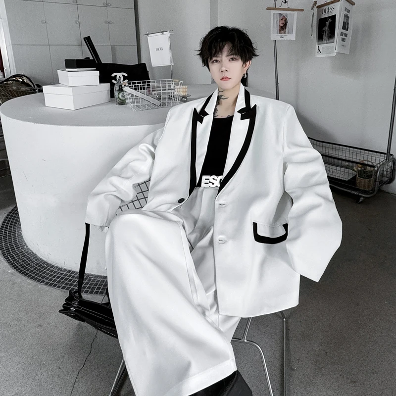 

Korean Sle oulder Pad Wide Leg Men's Suit Casual Bla White Splicing High Quali Loose Fit Leisure Trousers Suit