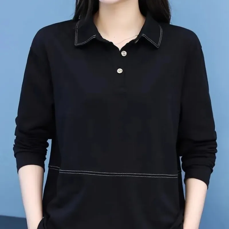 Women's Black Polo Shirt Long Sleeve Loose Fit Stitch Detail Casual Top