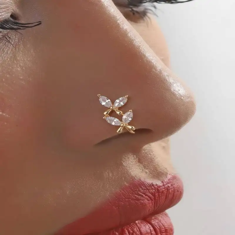 1-piece set of women's fashionable synthetic zircon twin butterfly shaped U-shaped nose clip without perforation