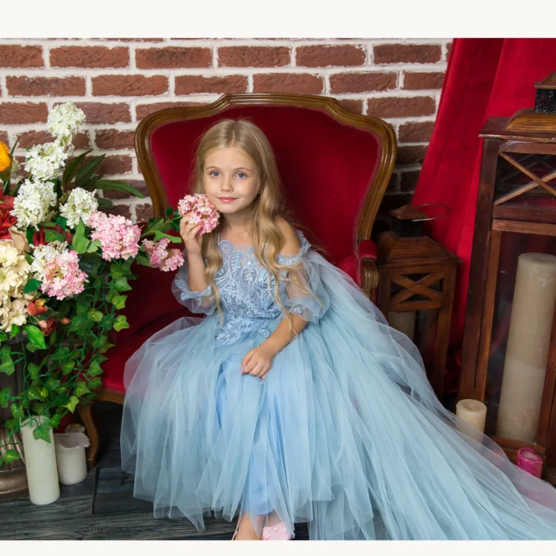 Long Train Tulle Flower Girl Dress Dusty Blue Off Shoulder Puff Sleeves Lace Kids Pageant Wedding Photoshoot Party