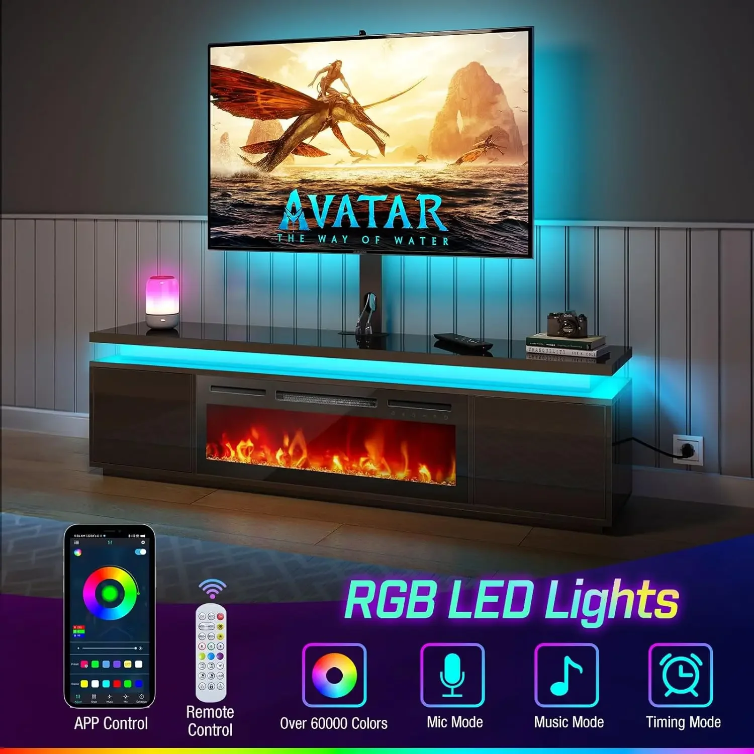 Kamin-TV-Ständer mit LED-Leuchten und Steckdosen, TV-Ständer mit elektrischem Kamin, schwarzes Entertainment-Center für 45er Jahre