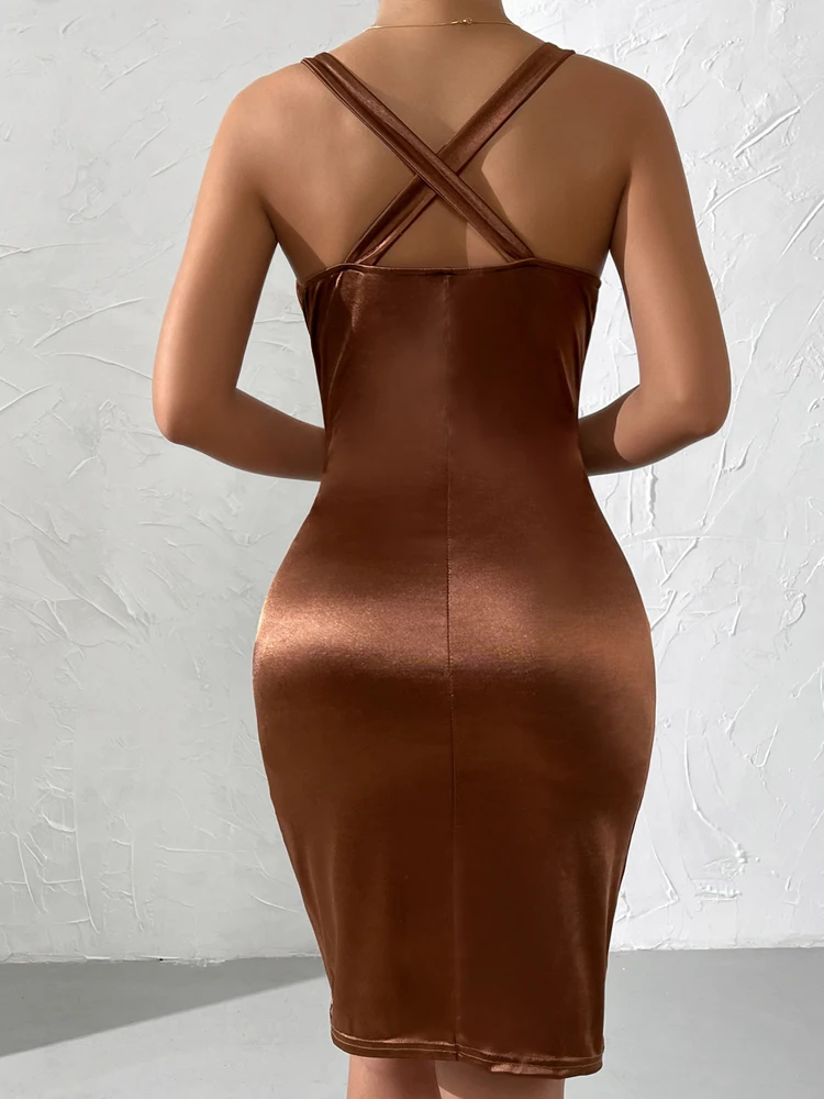 Fairys zone Sexy Ruffle V Deep Evening Party Dress 2025 Summer Split Brown Short Dresses For Women Tight Club Mini Dress Clubwear