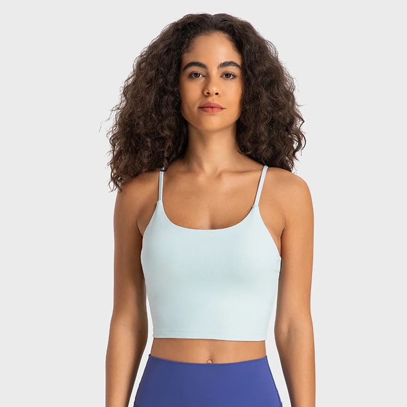 Women Low Impact Longline Sports Bra Sexy Spaghetti Strap Cropped Yoga Gym Tanks & Camis with Built In Bra Top