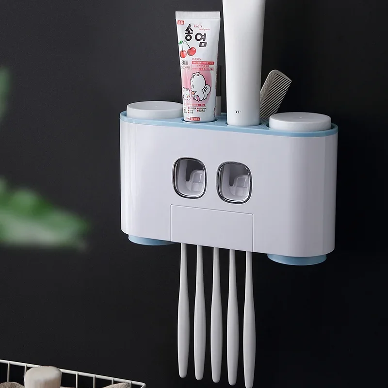 Fashion Creative Plastic Automatic Toothpaste Dispenser 4 Cups Magnetic Wall Mounted Toothbrush Holder