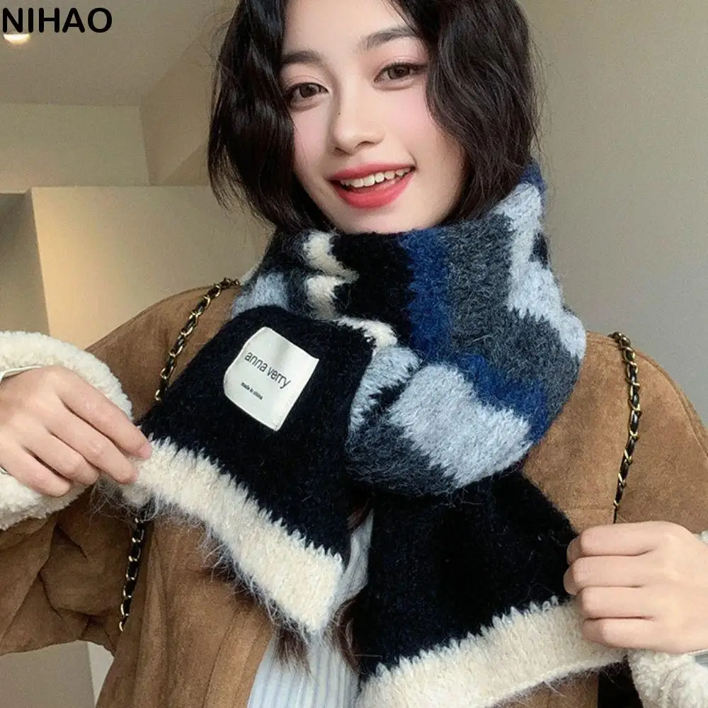 

Korean Style Multicolor Cashmere Shawl Thickened Windproof Knitted Stripe Scarf Colorful Neckerchief Women Winter Scarves Female