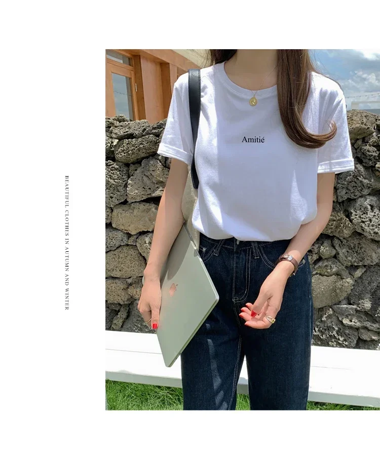 Cotton in a short-sleeved blouse in early spring relaxed joker contracted letters T-shirt female white render summer