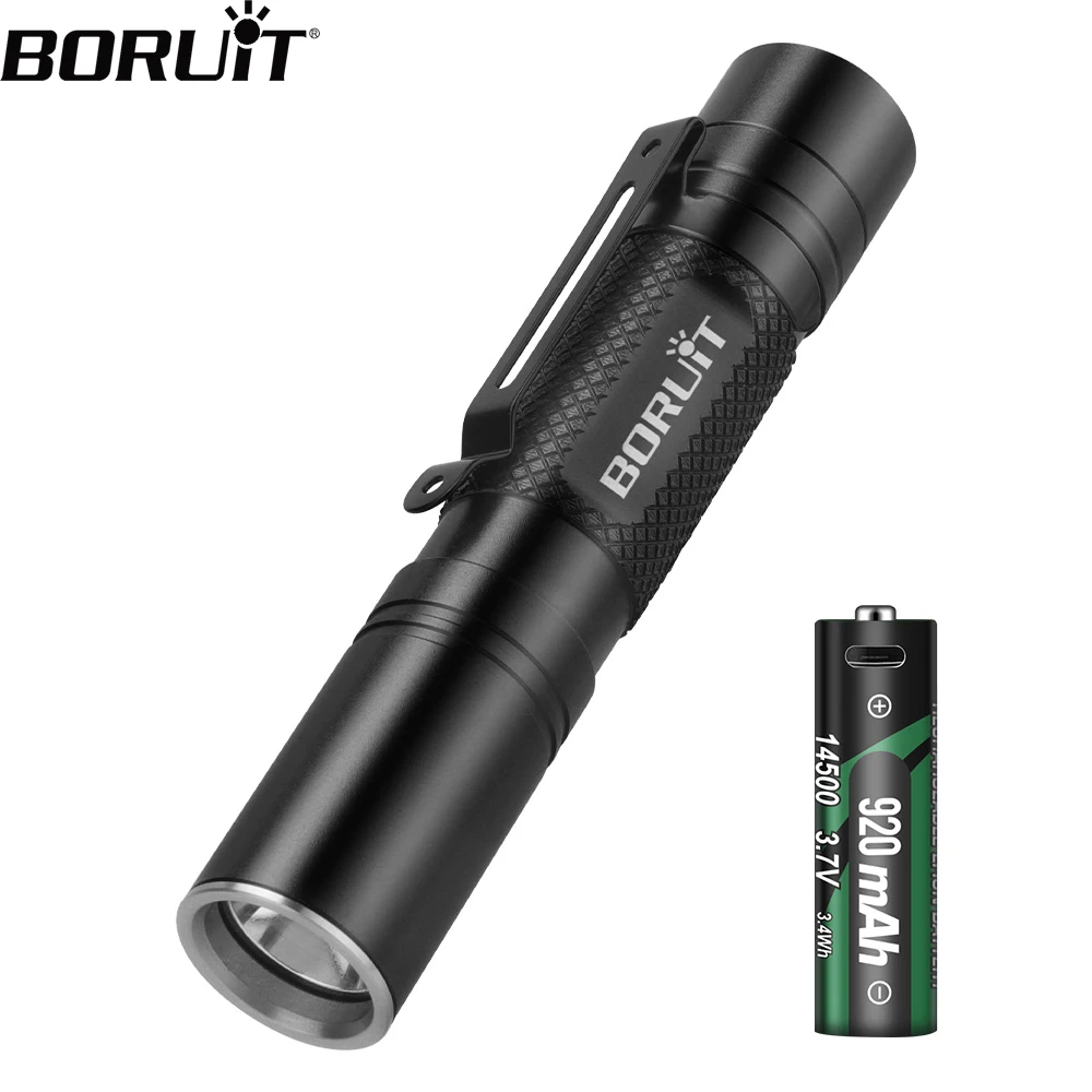 BORUiT RJ13 Memory Function Tactical Flashlight 500LM Torch IP66 Waterproof Camping Lantern with Clip Use 14500 or AA Battery