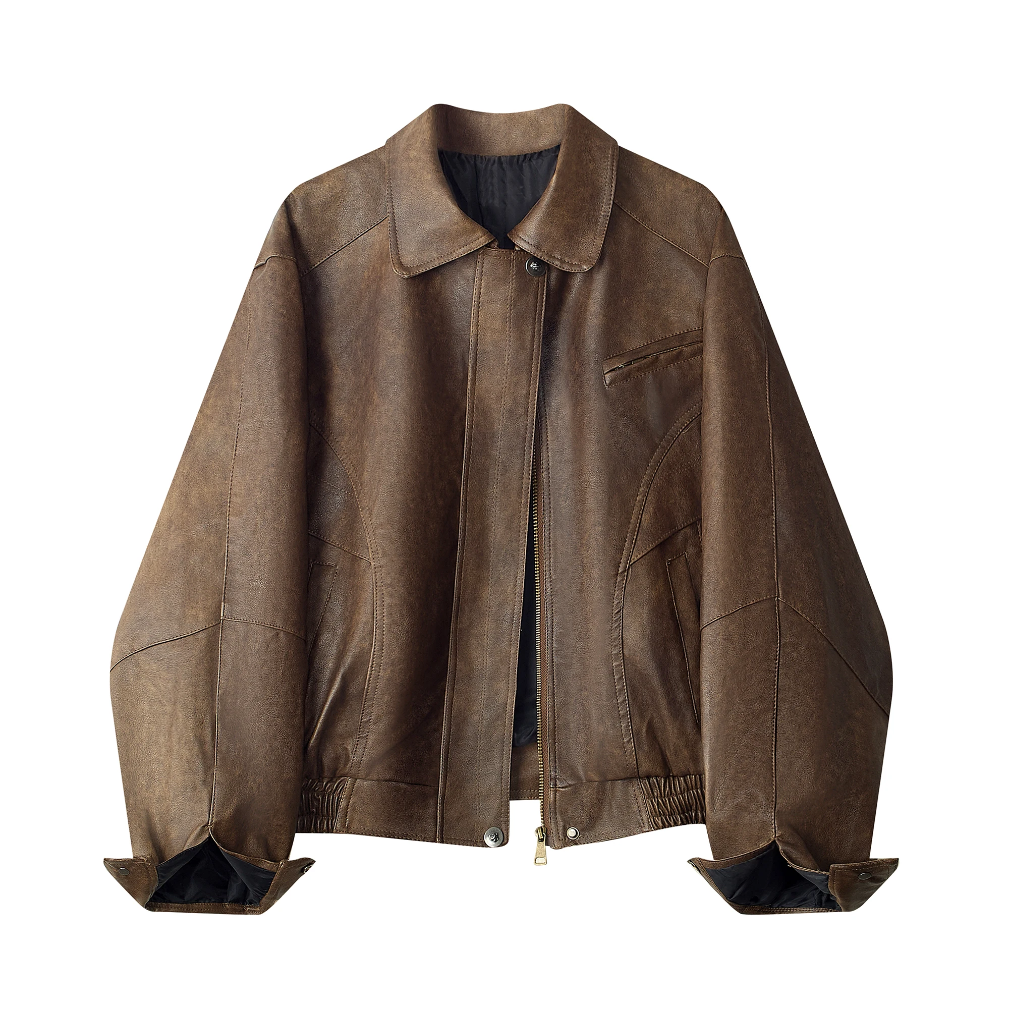 Cool ort PU Leather Jaet Vintage Sle Women's Autumn Winter Faion Motorcycle Clothes Street Sle Zipper Closure Coat