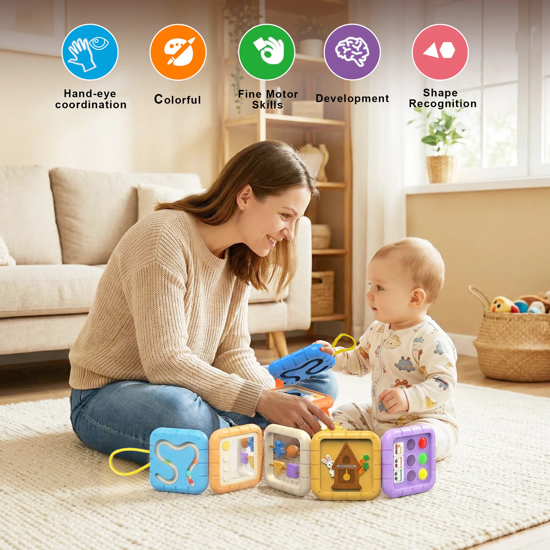 Activity Cube Stacking toys Baby Toys Early Educational Fine Motor Sills Slide Spin Wiggle Turn Stack Montessori Toys for 1+