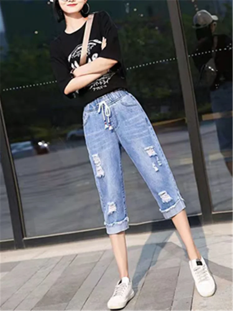 2023 Denim Cropped Pant Women New Loose Elastic Harem Pants Girls Casual All-Match High Waist Denim Pants Summer Breeches Trend