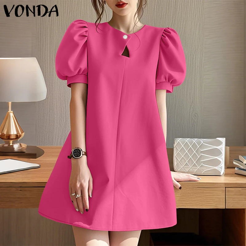 VONDA élégant Mini robes 2025 femmes été à manches courtes Robe d'été mode manches bouffantes évider décontracté solide Robe coréenne