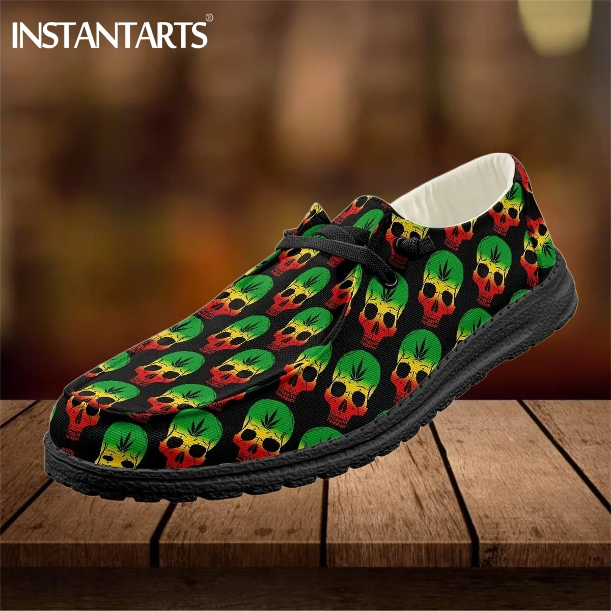 

INSTANTARTS Fashion Reggae Skull Print Women Flat Shoes Weed Leaves Design Ladies Lace-up Sneakers for Men Casual Footwear Gifts